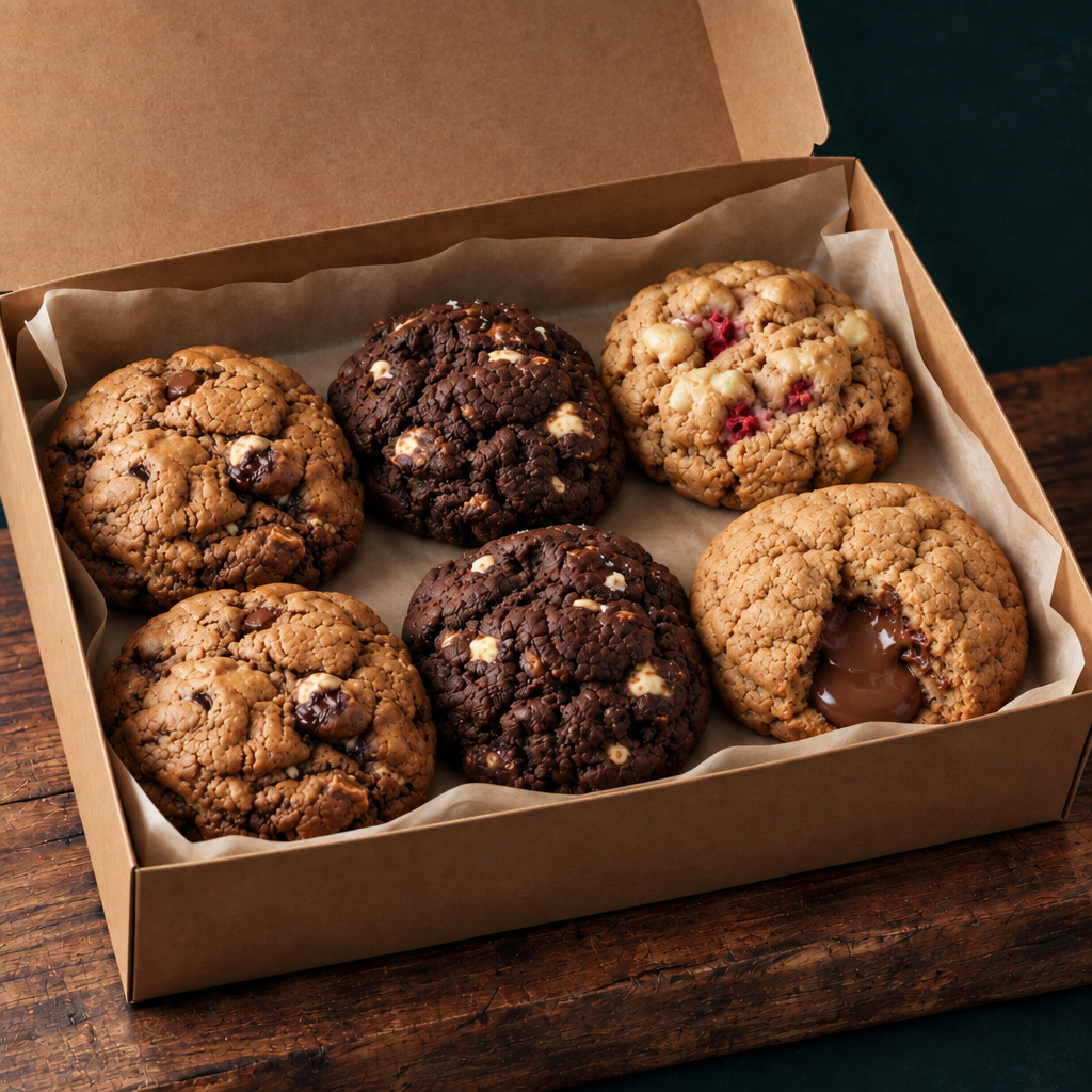 Six assorted cookies in a selection box, including a Nutella-filled cookie with plain golden dough